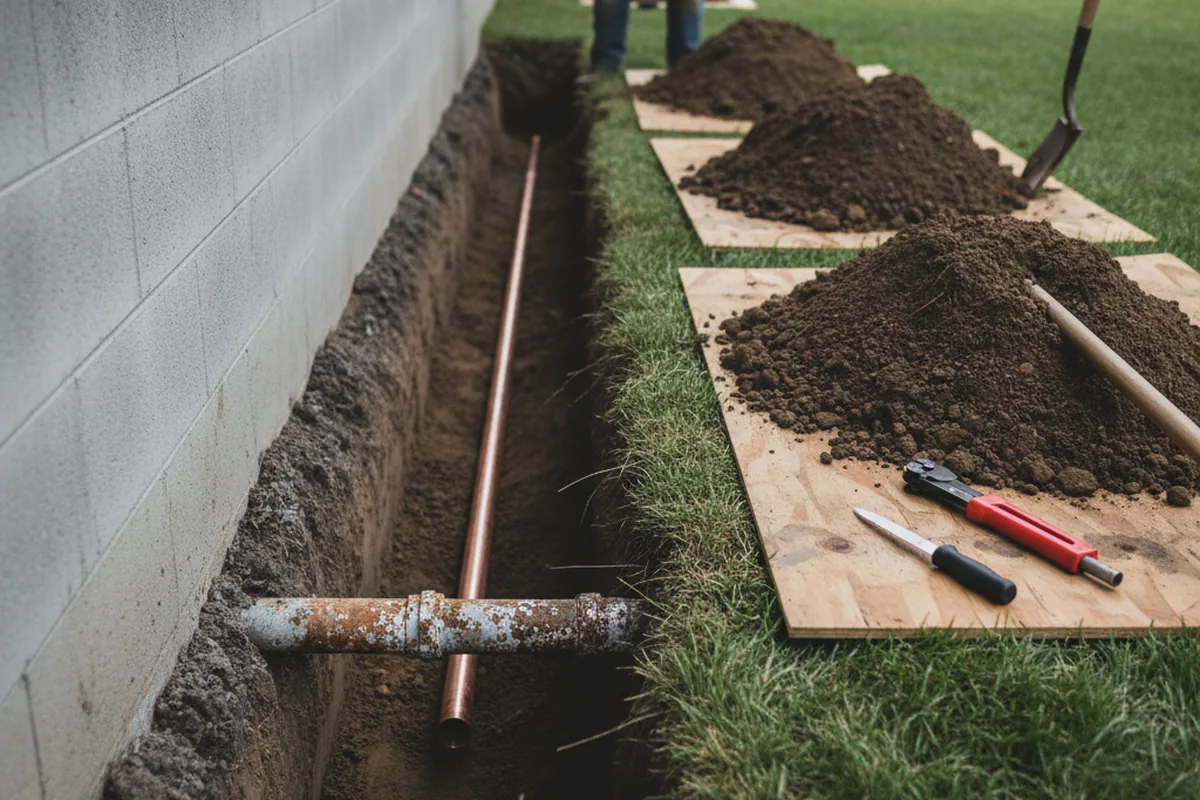 Excavated water line trench during Water Softener Installation in Big Timber